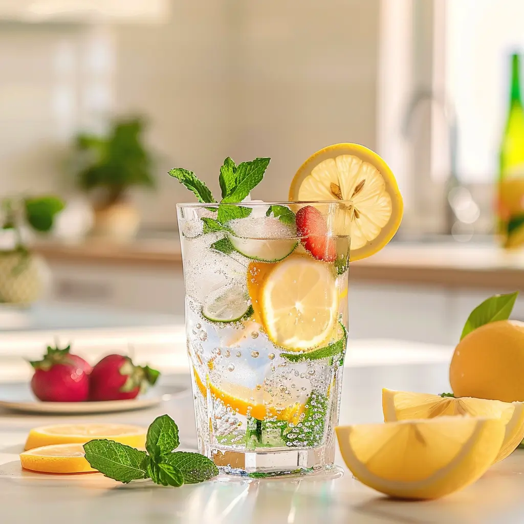 Bebidas & Wellness Vaso de agua de jamaica o limón con hielo y menta en una cocina luminosa