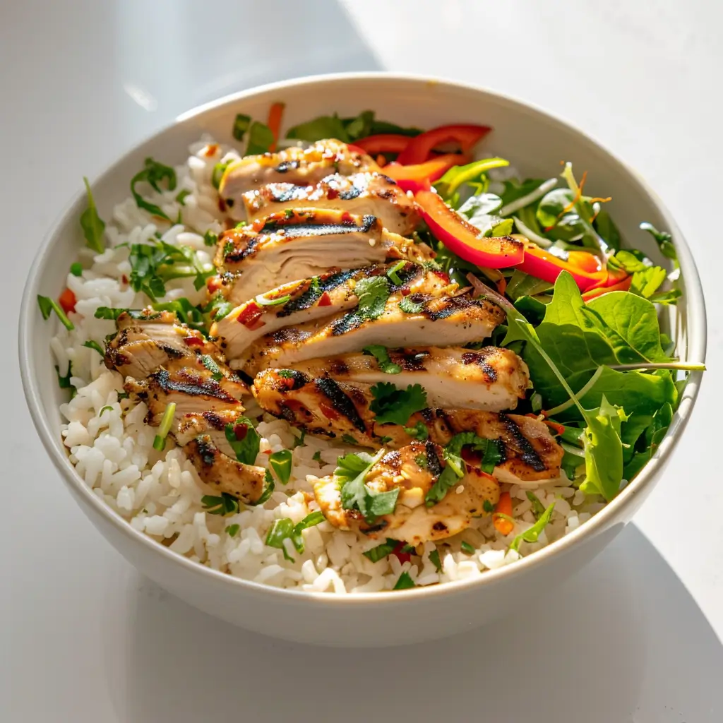 Comidas Fáciles Plato sencillo de arroz, pollo y ensalada en una cocina moderna y luminosa