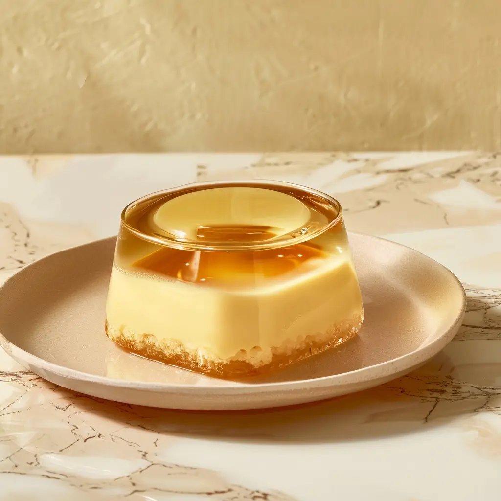 Postres dulces Postre de gelatina o pastel tres leches en un plato elegante con fondo claro