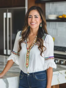 Avatar de una mujer latina con blusa de chef en colores vivos en una cocina moderna