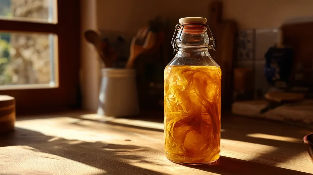 Kombucha casera fermentando en un frasco de vidrio con SCOBY