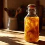 Kombucha casera fermentando en un frasco de vidrio con SCOBY