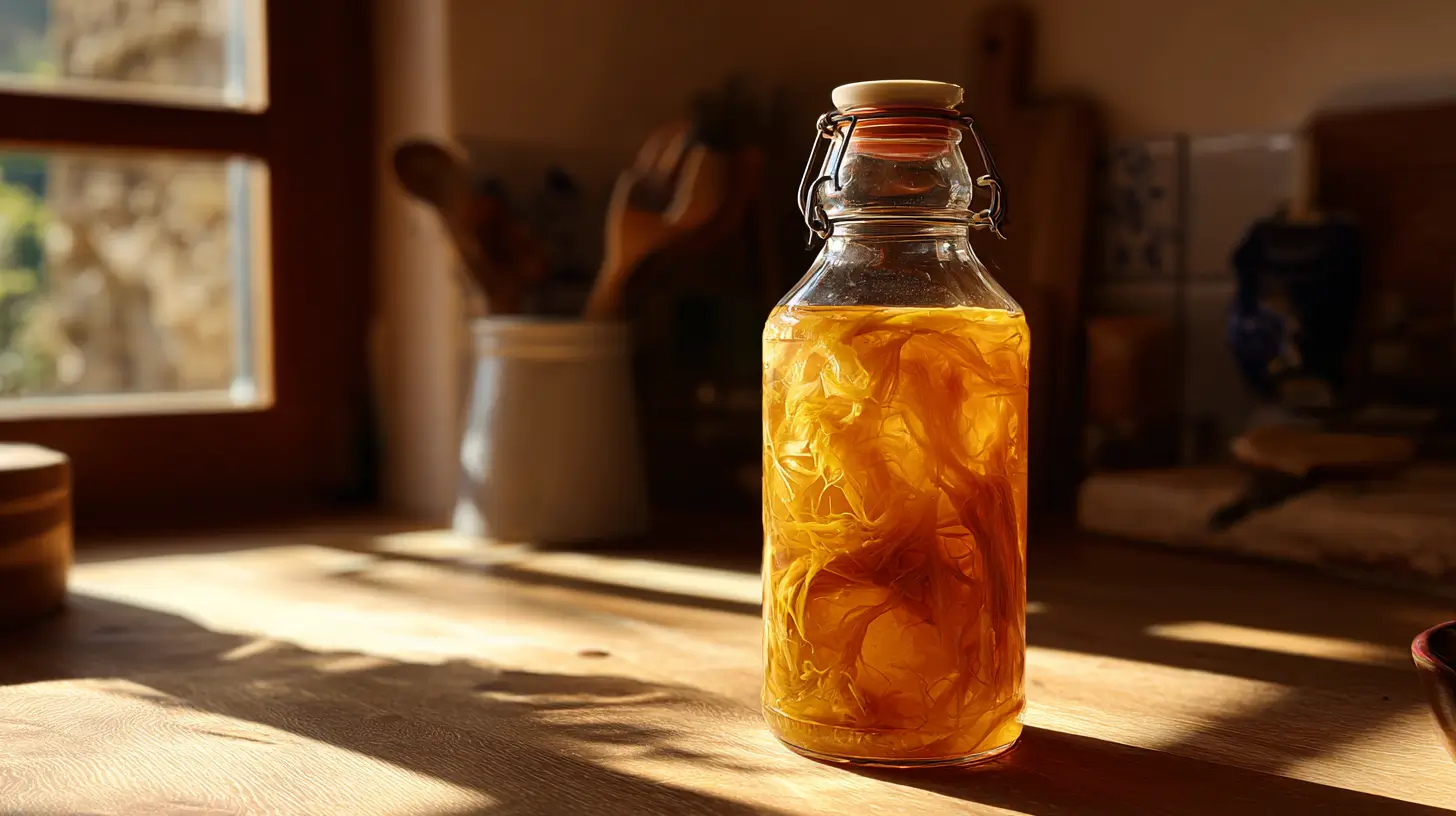 Kombucha casera fermentando en un frasco de vidrio con SCOBY