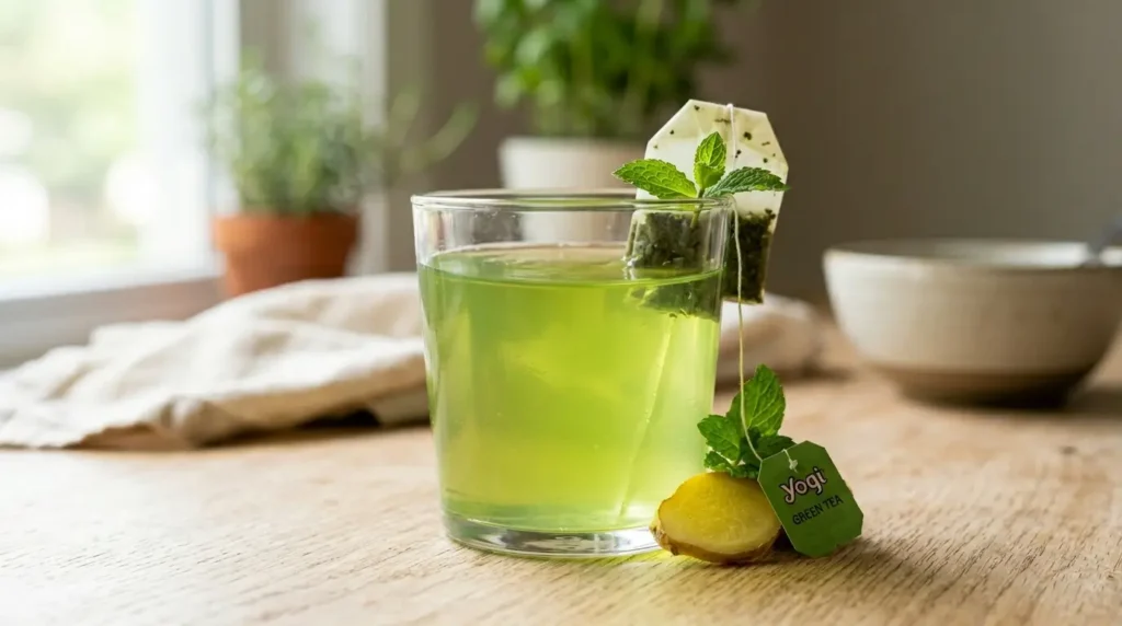 Variante de gelatina Mounjaro con té verde en vaso transparente con jengibre fresco sobre madera