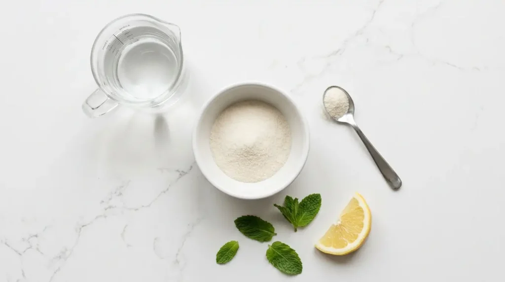 agar-agar en polvo ingredientes gelatina japonesa para adelgazar — flat lay con bol de agar-agar y menta fresca sobre encimera blanca