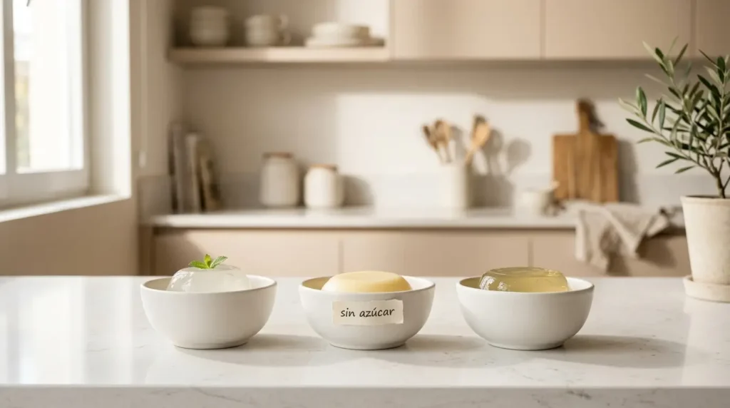 comparativa gelatina japonesa bariatrica coreana — tres gelatinas en boles blancos sobre encimera de cocina minimalista