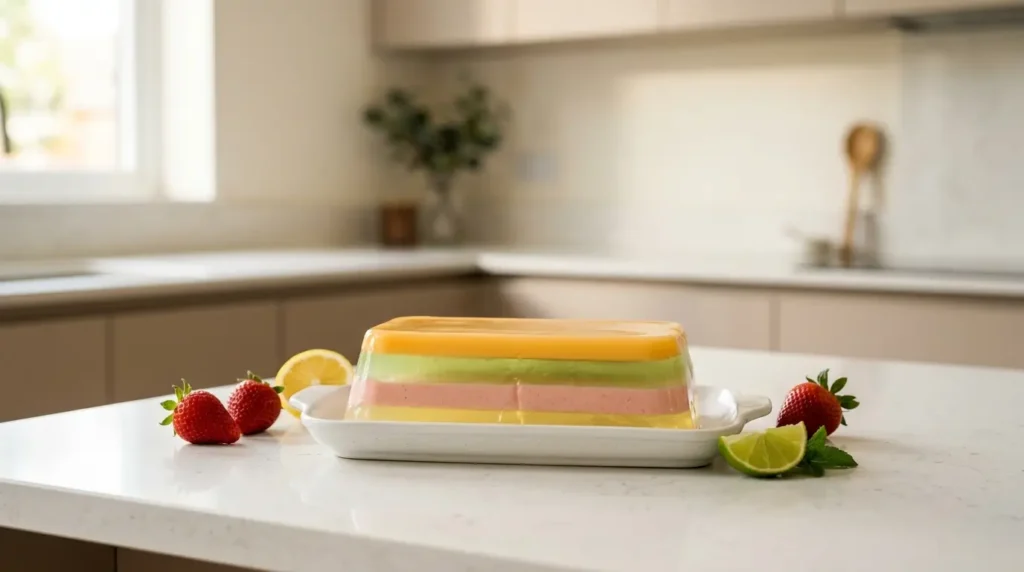 gelatina colorida receta — fuente blanca con cuatro capas de gelatina de colores pastel sobre encimera de cocina minimalista