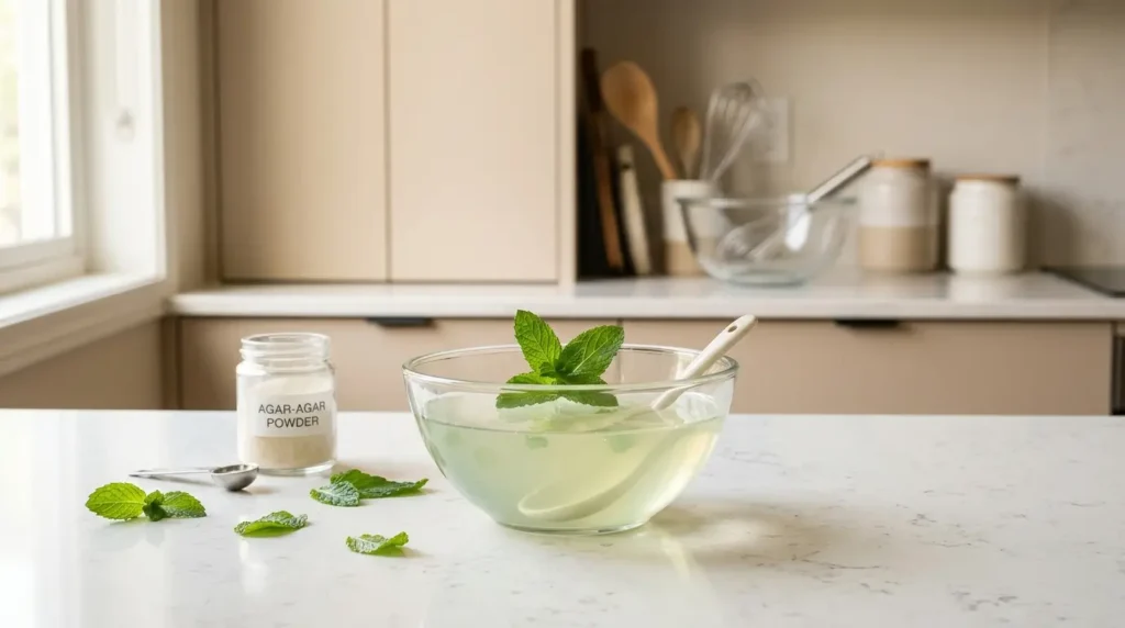 gelatina japonesa para bajar de peso — bowl de gelatina de agar-agar transparente con menta fresca sobre encimera blanca de cocina