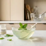 gelatina japonesa para bajar de peso — bowl de gelatina de agar-agar transparente con menta fresca sobre encimera blanca de cocina