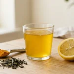 Gelatina Mounjaro casera en vaso de vidrio con cúrcuma y té verde