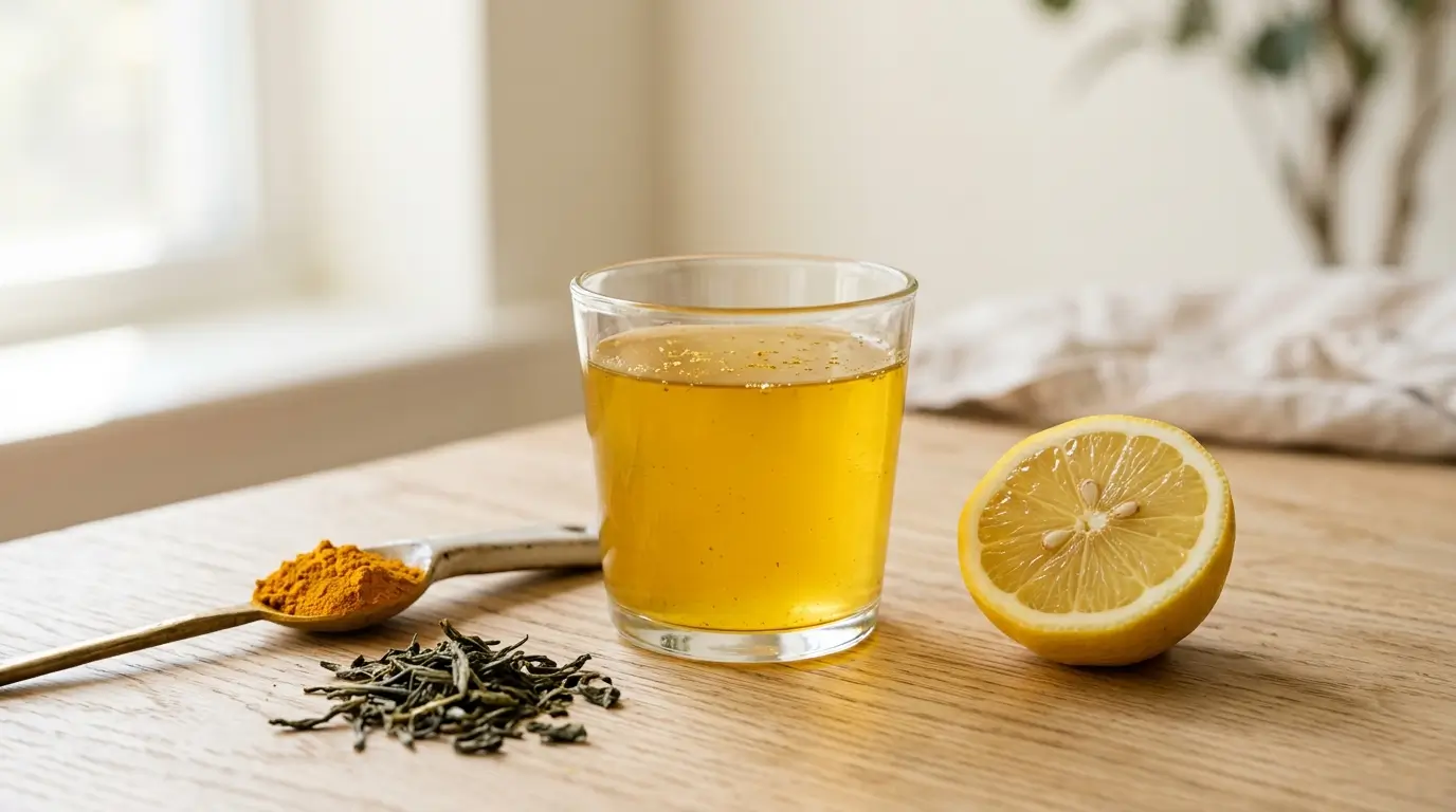 Gelatina Mounjaro casera en vaso de vidrio con cúrcuma y té verde