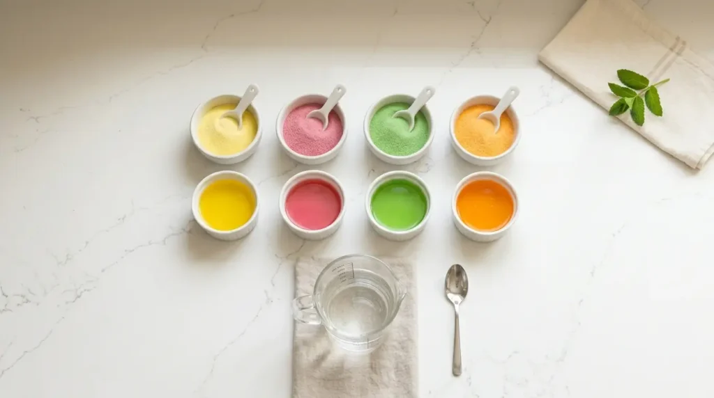 ingredientes gelatina colorida — flat lay con cuatro sabores de gelatina sin azúcar en boles blancos sobre encimera blanca