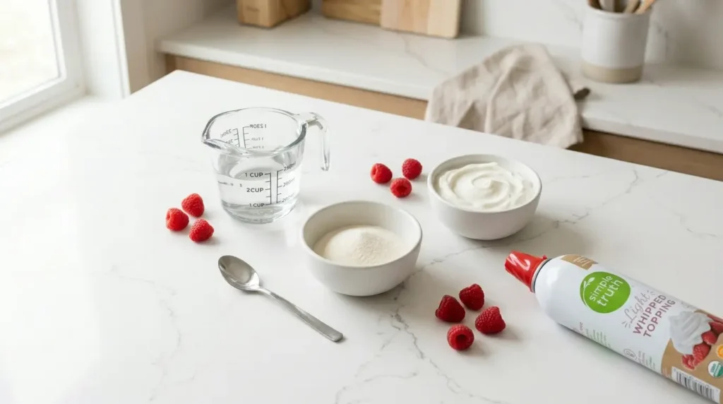 ingredientes mousse de gelatina sin azúcar — flat lay con gelatina en polvo, yogur griego y nata sobre encimera blanca