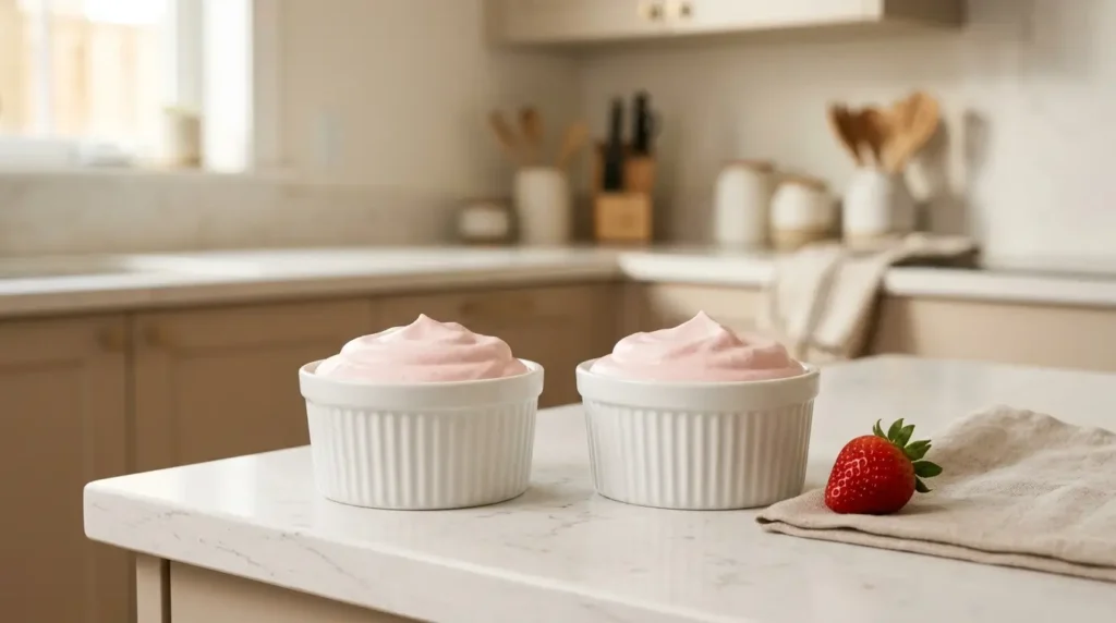 Mousse de gelatina sin azúcar — dos ramekins blancos con mousse ligera rosa pálido sobre encimera de cocina minimalista