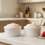 Mousse de gelatina sin azúcar — dos ramekins blancos con mousse ligera rosa pálido sobre encimera de cocina minimalista