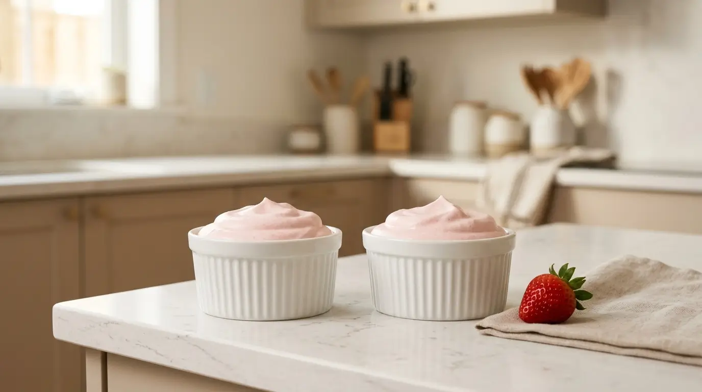 Mousse de gelatina sin azúcar — dos ramekins blancos con mousse ligera rosa pálido sobre encimera de cocina minimalista