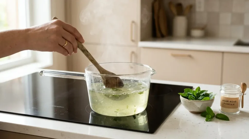 preparación gelatina japonesa agar-agar — cazo con líquido traslúcido siendo removido sobre fogón de cocina minimalista