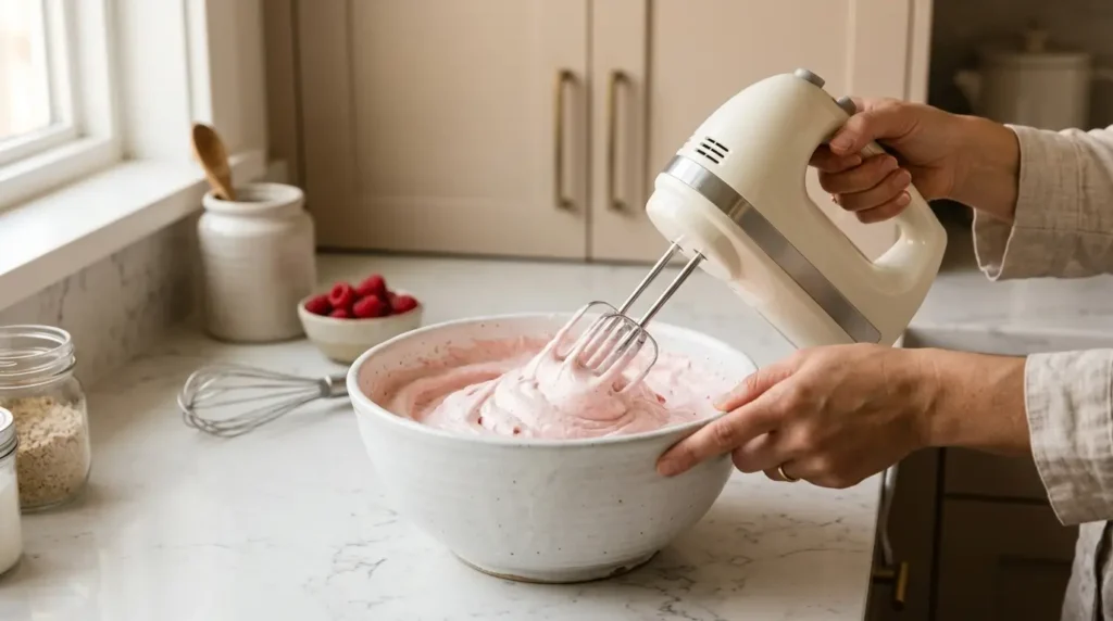 preparación mousse de gelatina sin azúcar — bol blanco con batidora formando picos suaves en textura aireada rosa pálido