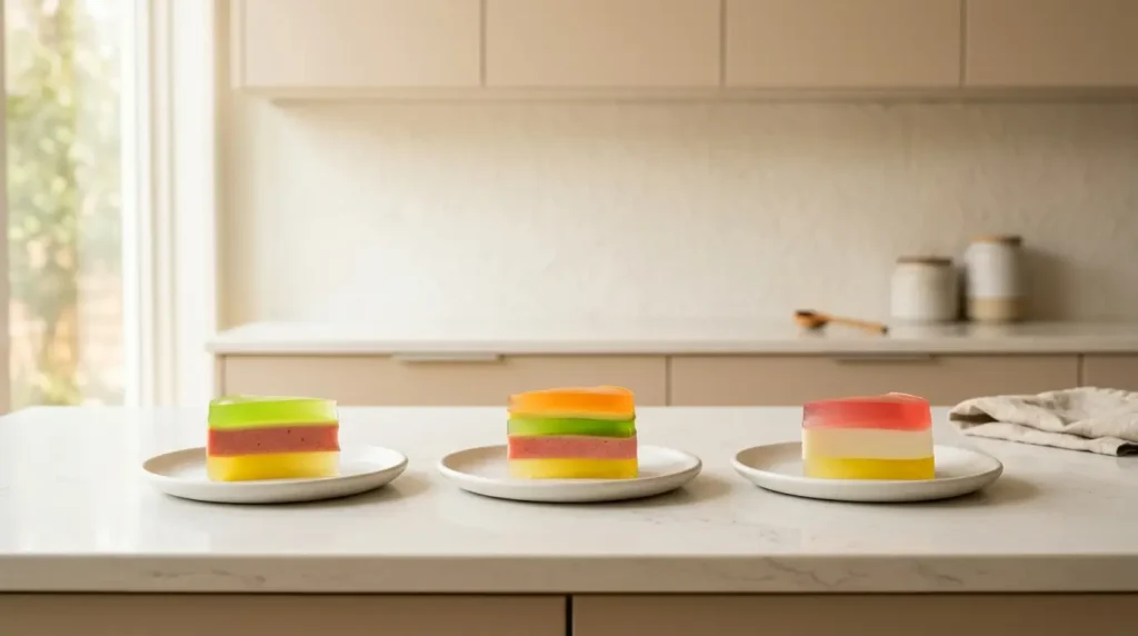 presentación gelatina colorida corte — tres platos blancos con porciones de gelatina de colores mostrando capas en sección sobre encimera de cocina