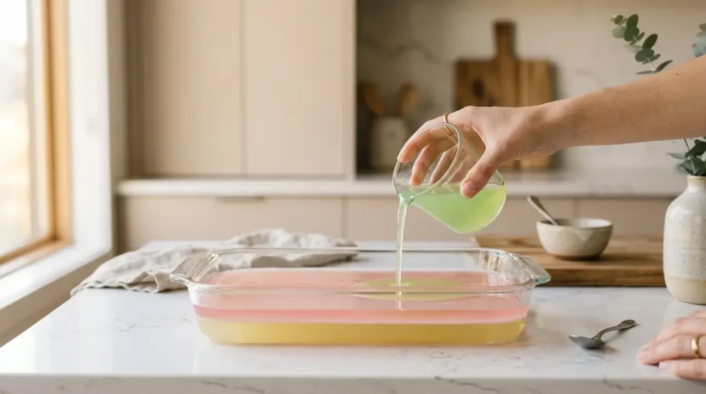 proceso capas gelatina colorida — fuente de cristal con dos capas ya cuajadas y tercera capa siendo vertida cuidadosamente sobre encimera de cocina