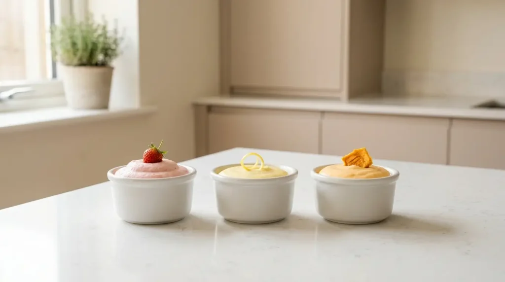 variantes mousse de gelatina sin azúcar sabores — tres ramekins con mousse de fresa limón y mango sobre encimera blanca