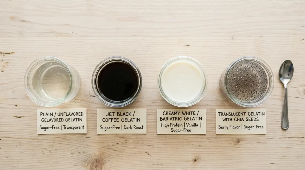 Comparativa de 4 tipos de gelatina para adelgazar: sin sabor, negra, bariatrica y con chía