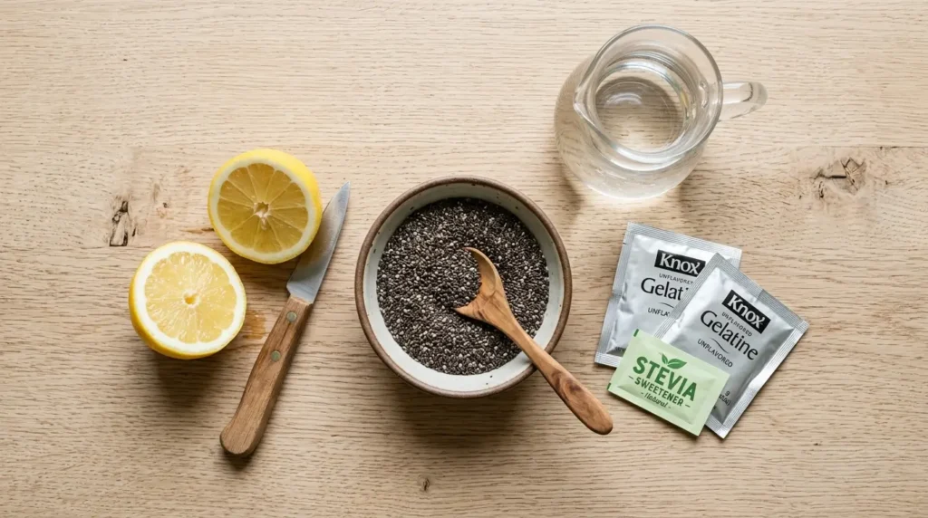 Ingredientes para gelatina con chía: semillas de chía, gelatina sin sabor, stevia y limón sobre madera