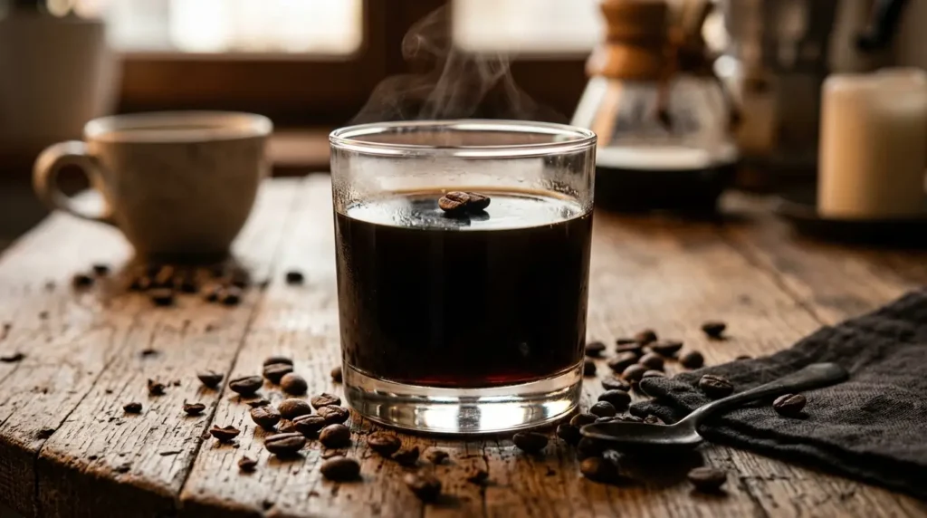 Gelatina negra de café en vaso transparente con granos de café alrededor sobre mesa de madera