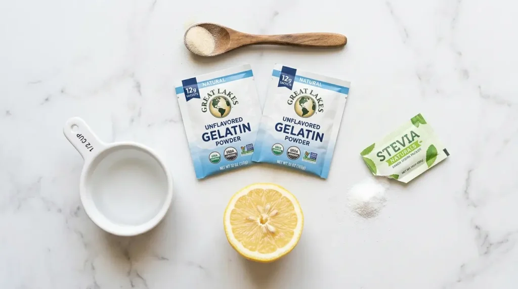 Ingredientes básicos para hacer gelatina para bajar de peso: sobres de gelatina sin sabor, limón y stevia sobre mármol blanco