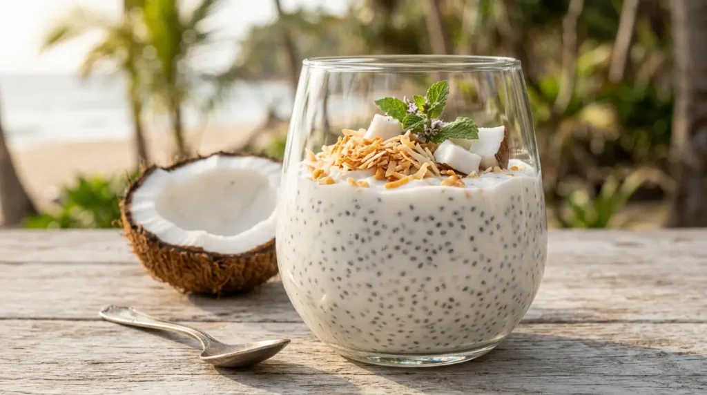 Variante de gelatina con chía y leche de coco cremosa con coco tostado encima en vaso de vidrio