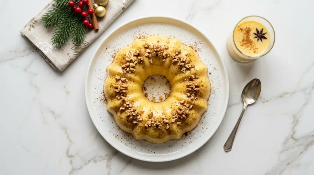 Gelatina de rompope casera dorada con canela y nueces en plato blanco sobre mármol