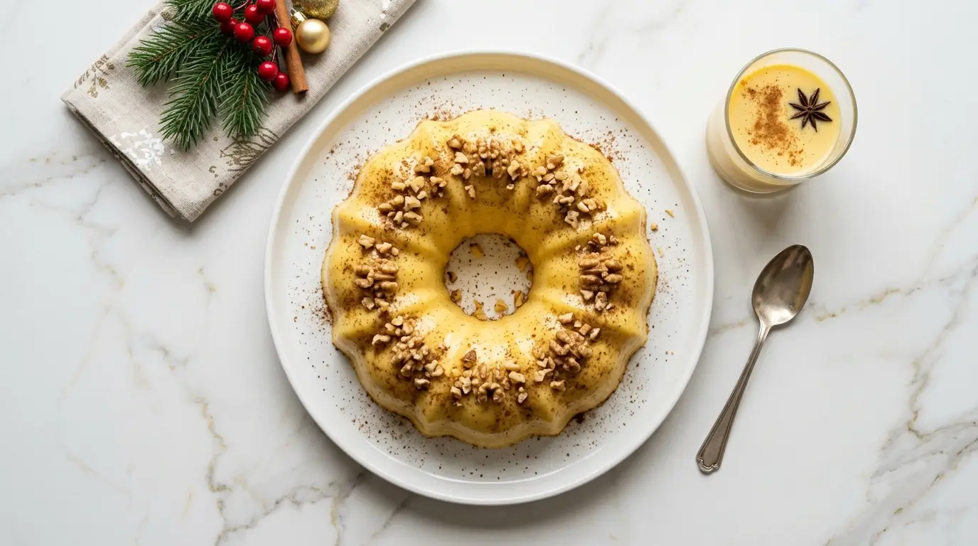 Gelatina de rompope casera dorada con canela y nueces en plato blanco sobre mármol