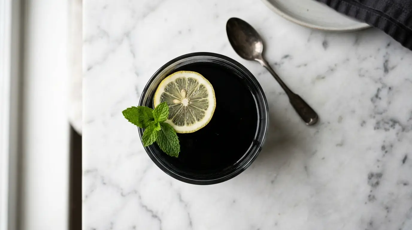 Gelatina negra con carbón activado en vaso oscuro con limón y menta para bajar de peso