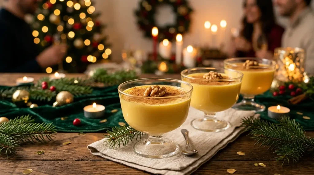 Gelatina de rompope individual en vaso de vidrio decorada con canela y nuez en ambiente festivo