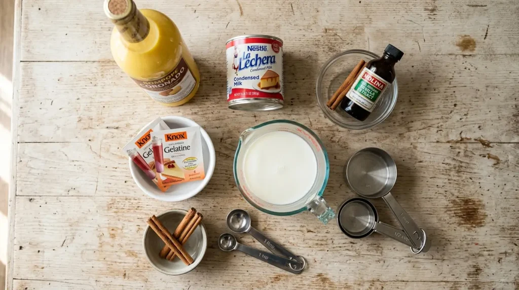 Ingredientes para hacer gelatina de rompope: botella de rompope, leche condensada, gelatina sin sabor, leche y canela