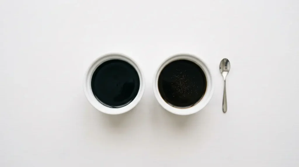 Dos porciones de gelatina negra en moldes blancos, versión carbón activado y versión café, merienda saludable