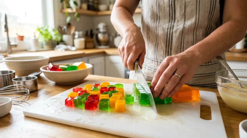 Preparación de gelatina de mosaico cortando los cubos de gelatina de colores en tabla blanca