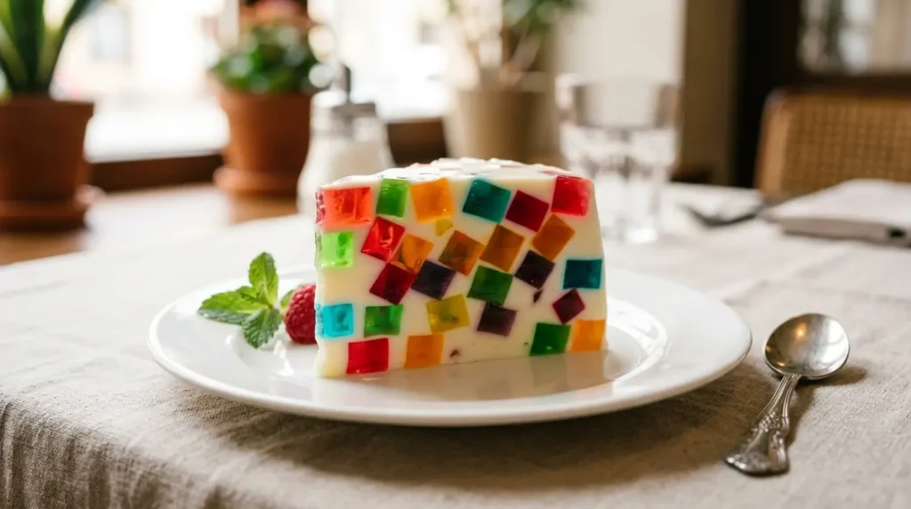 Porción de gelatina de mosaico mostrando el patrón de cubos coloridos dentro de la base blanca
