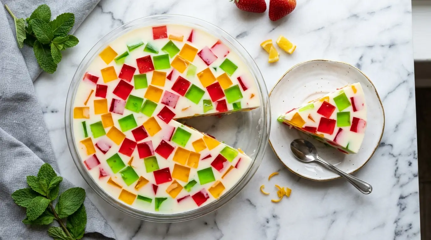 Gelatina de mosaico con cubos de colores rojo verde y amarillo en base blanca cremosa