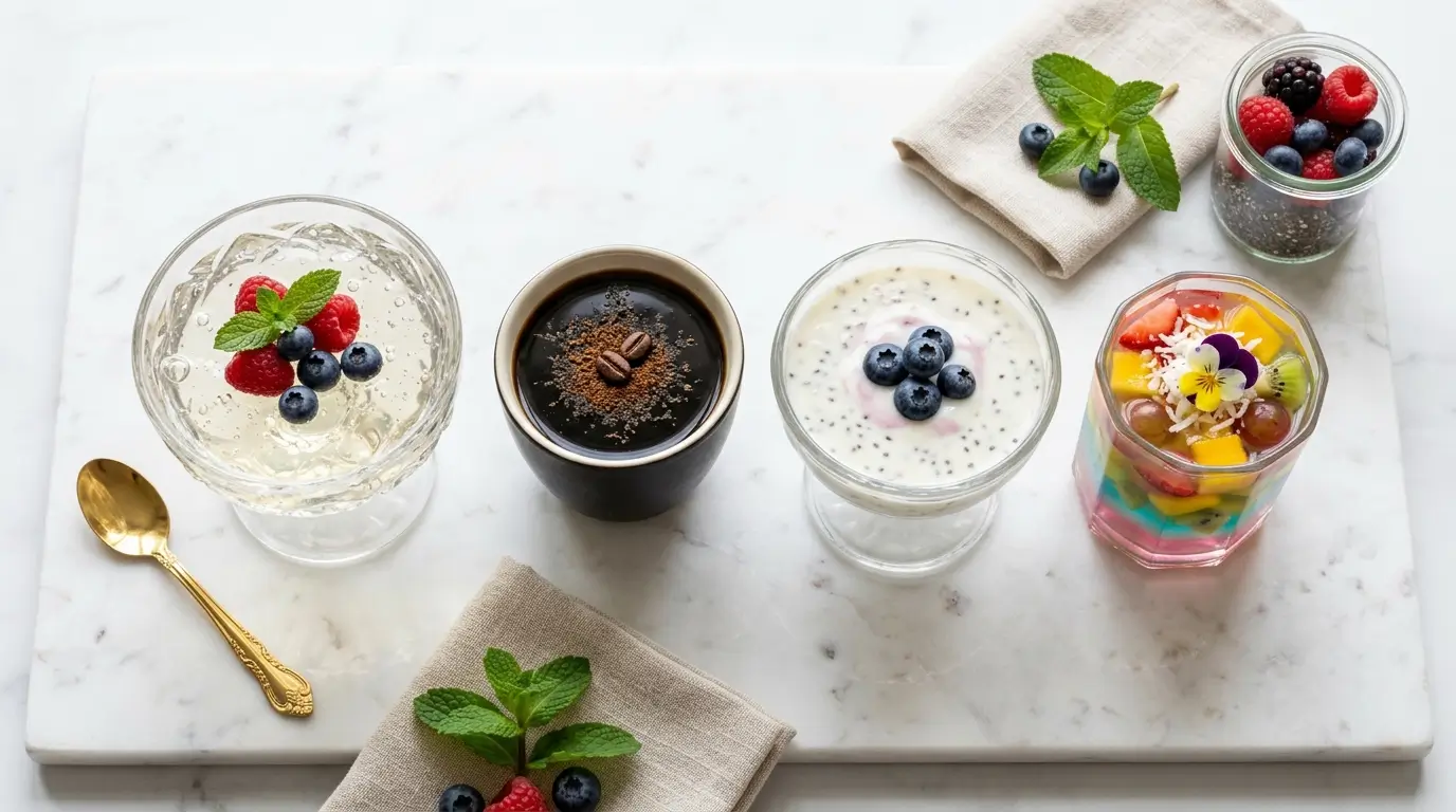 Varios tipos de gelatina para bajar de peso: bariatrica, coreana, con chía y negra en vasos de vidrio sobre mármol blanco