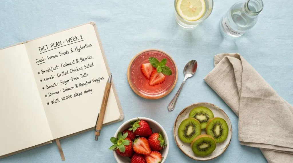 Gelatina slim sin azúcar con frutas frescas y plan de dieta para adelgazar saludablemente