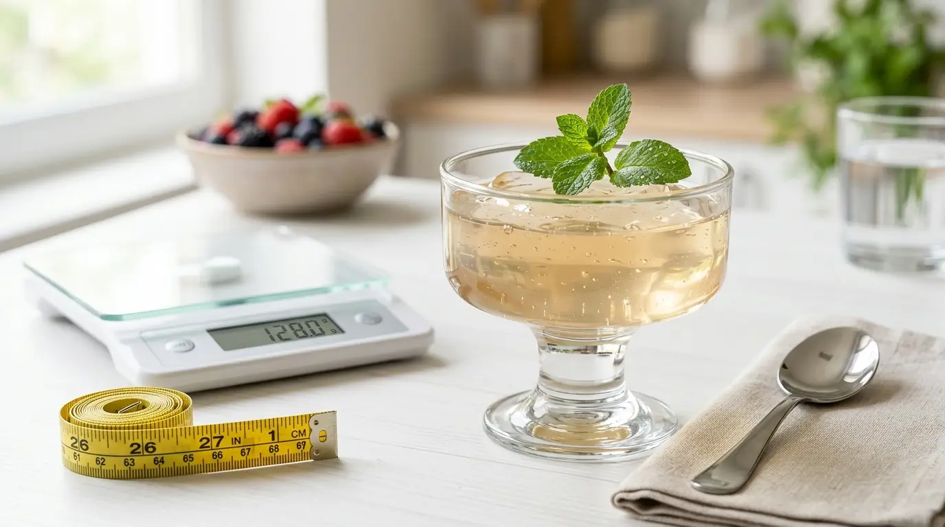 Gelatina slim sin azúcar en vaso transparente con menta fresca para bajar de peso