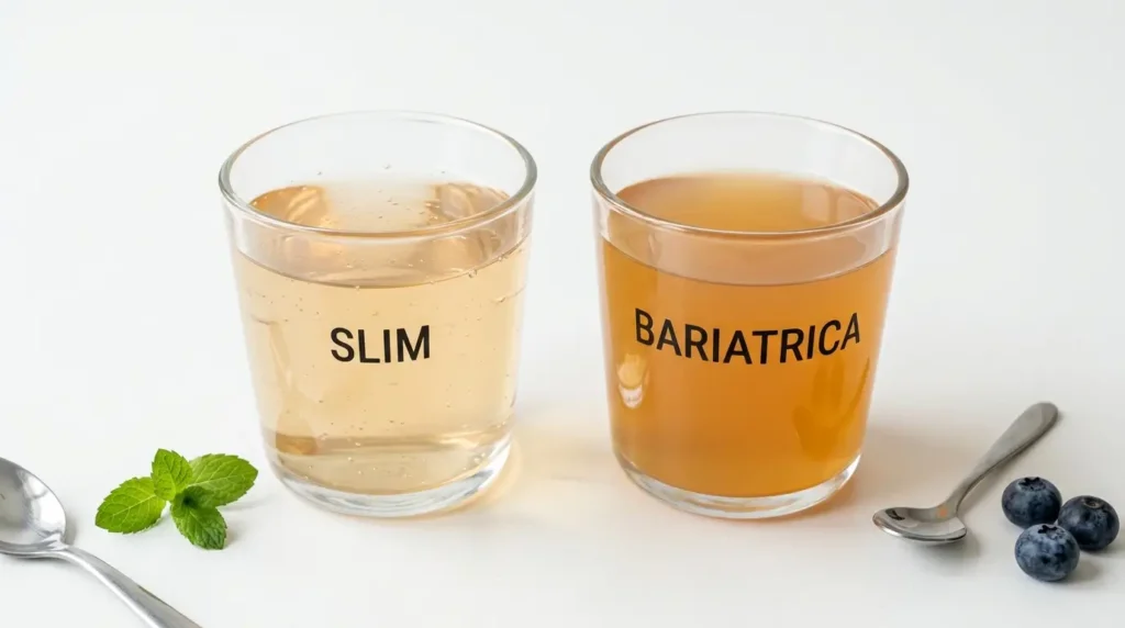 Comparativa gelatina slim versus gelatina bariatrica en dos vasos transparentes sobre mesa blanca