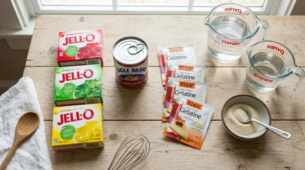 Ingredientes para preparar gelatina de mosaico: sobres de gelatina de colores, leche condensada y gelatina sin sabor