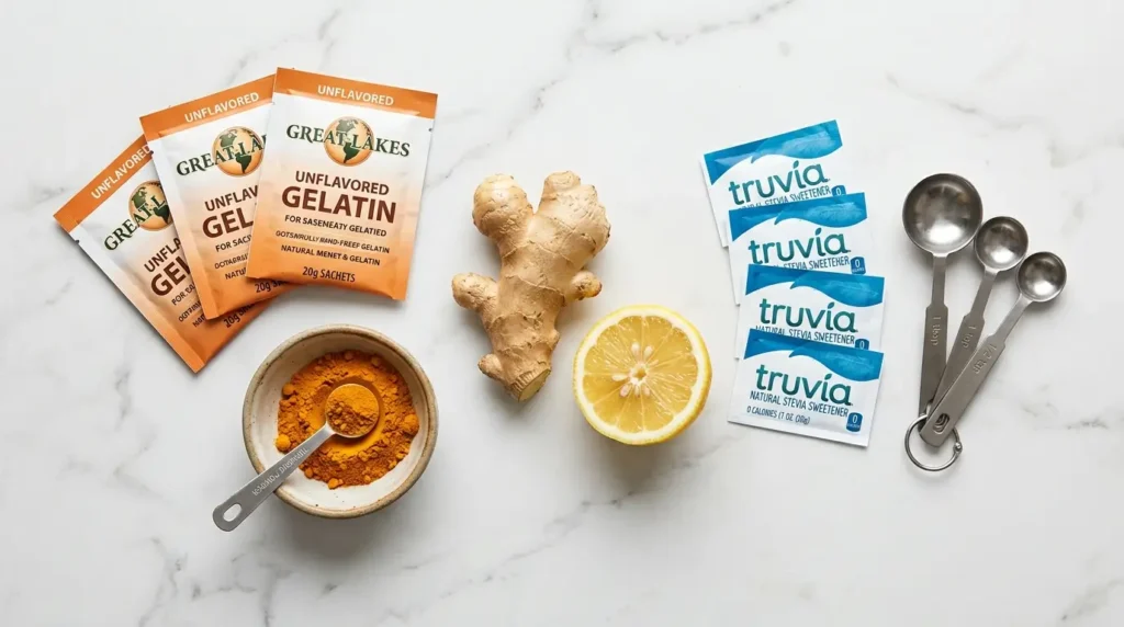 Ingredientes de la gelatina del Dr. Sebastián de la Rosa: gelatina sin sabor, cúrcuma, jengibre, limón y stevia