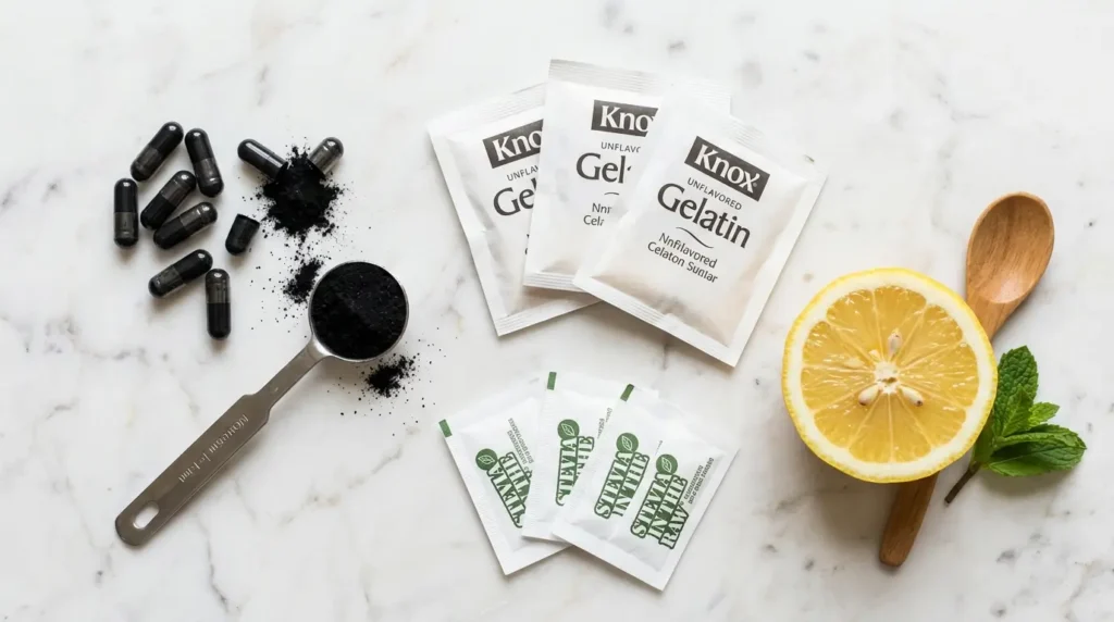 Ingredientes gelatina negra: cápsulas de carbón activado abiertas con polvo negro, gelatina sin sabor y stevia