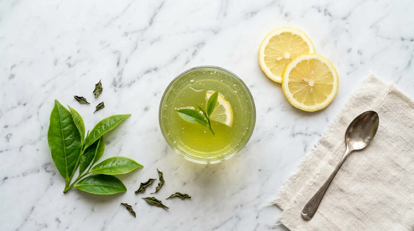 Gelatina de té verde para adelgazar en vaso transparente con hojas de té verde y limón sobre mármol blanco
