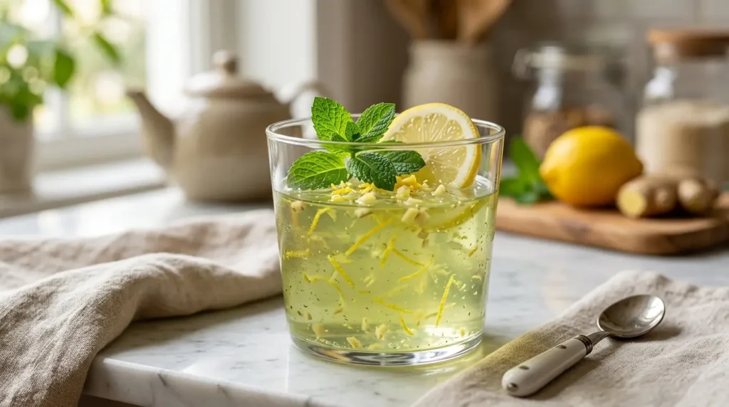 Gelatina de té verde con limón y jengibre decorada con menta fresca en vaso transparente