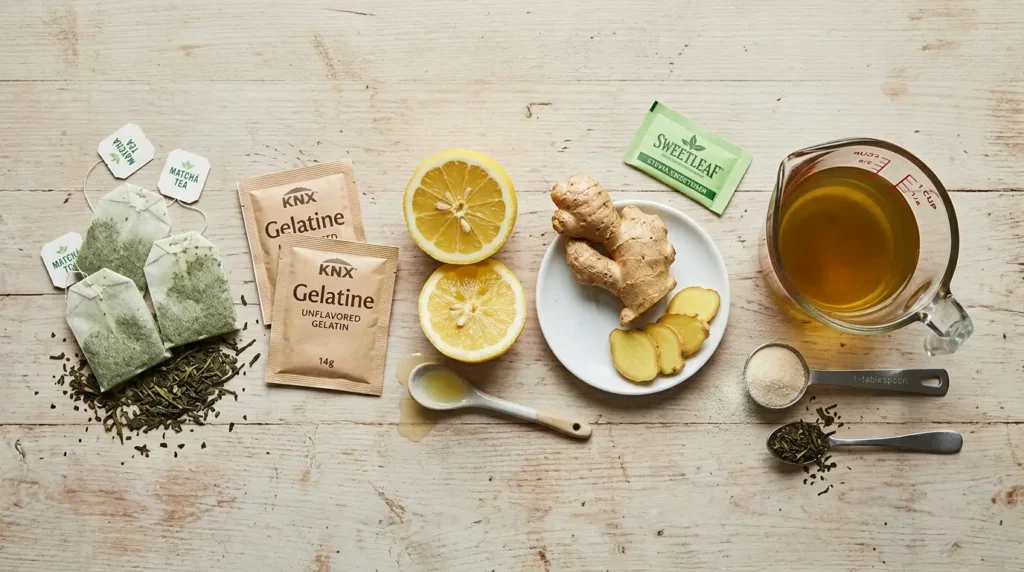 Ingredientes de la gelatina de té verde: bolsitas de té, gelatina sin sabor, limón, jengibre y stevia sobre madera