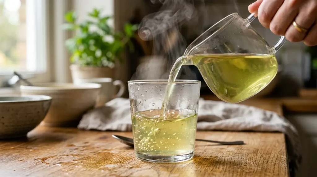 Vertiendo té verde sobre gelatina sin sabor hidratada durante la preparación paso a paso